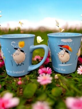 A PAIR! Vintage John Hinde I Survived The Weather In Ireland 3D Sheep Mugs.